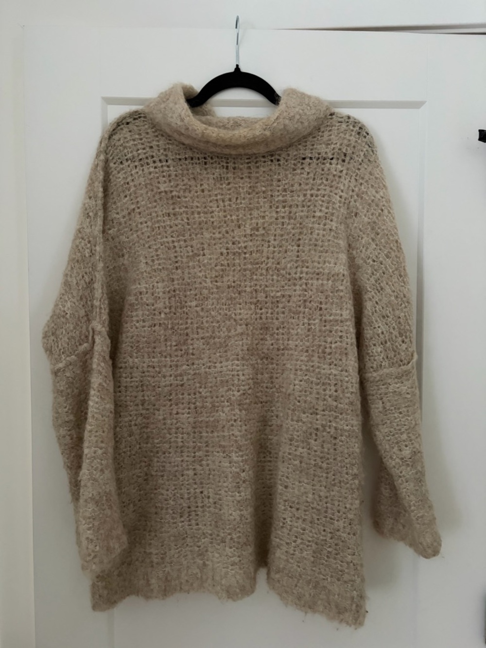 Free People Beige Open-Knit Funnel Neck Sweater